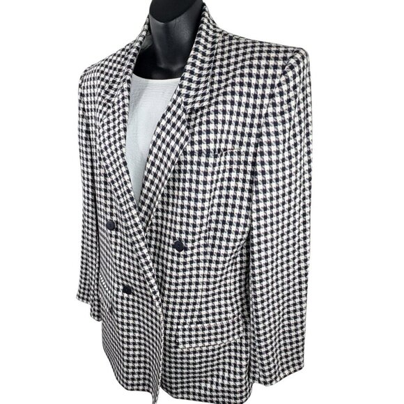 VTG USA 80s Checkered David Brooks Blazer 4 Button Front Navy White Women’s 14 - Picture 2 of 14